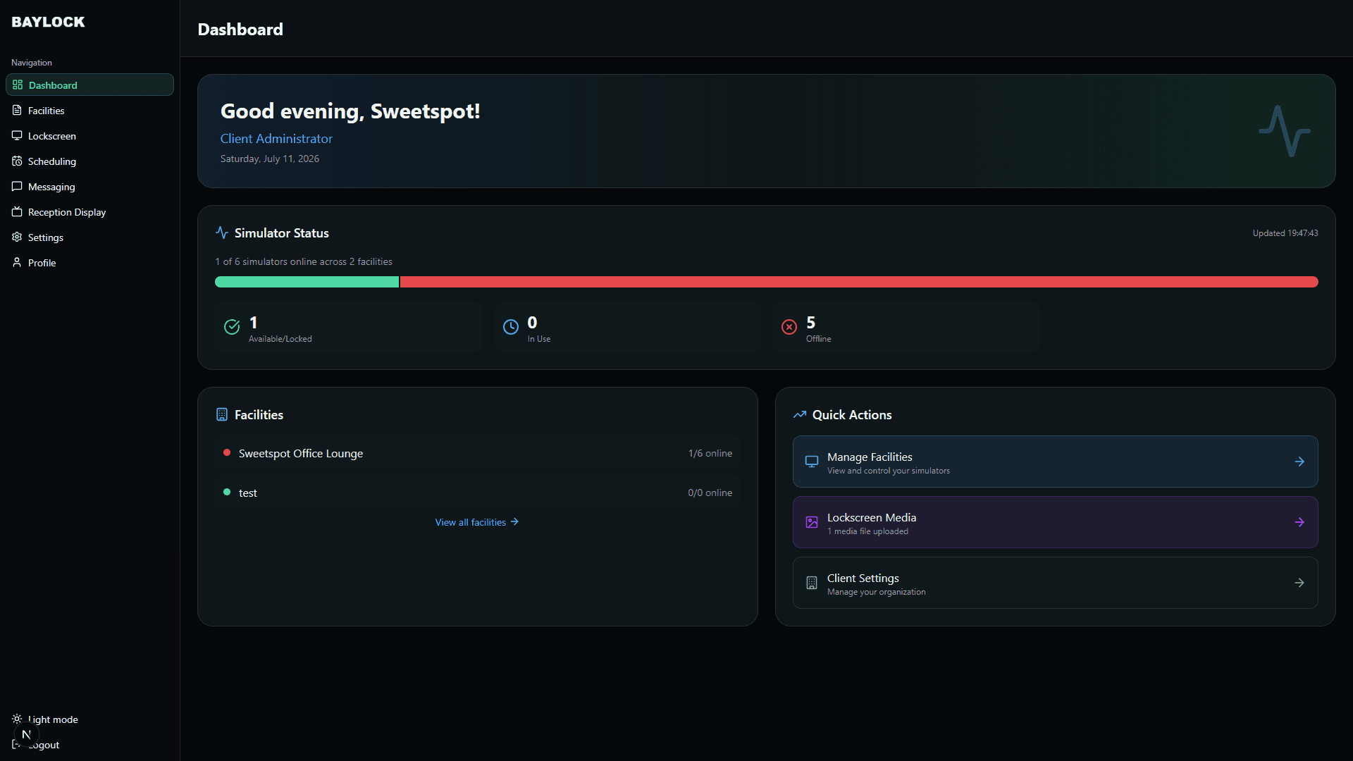 Baylock dashboard showing simulator status, facilities and quick actions