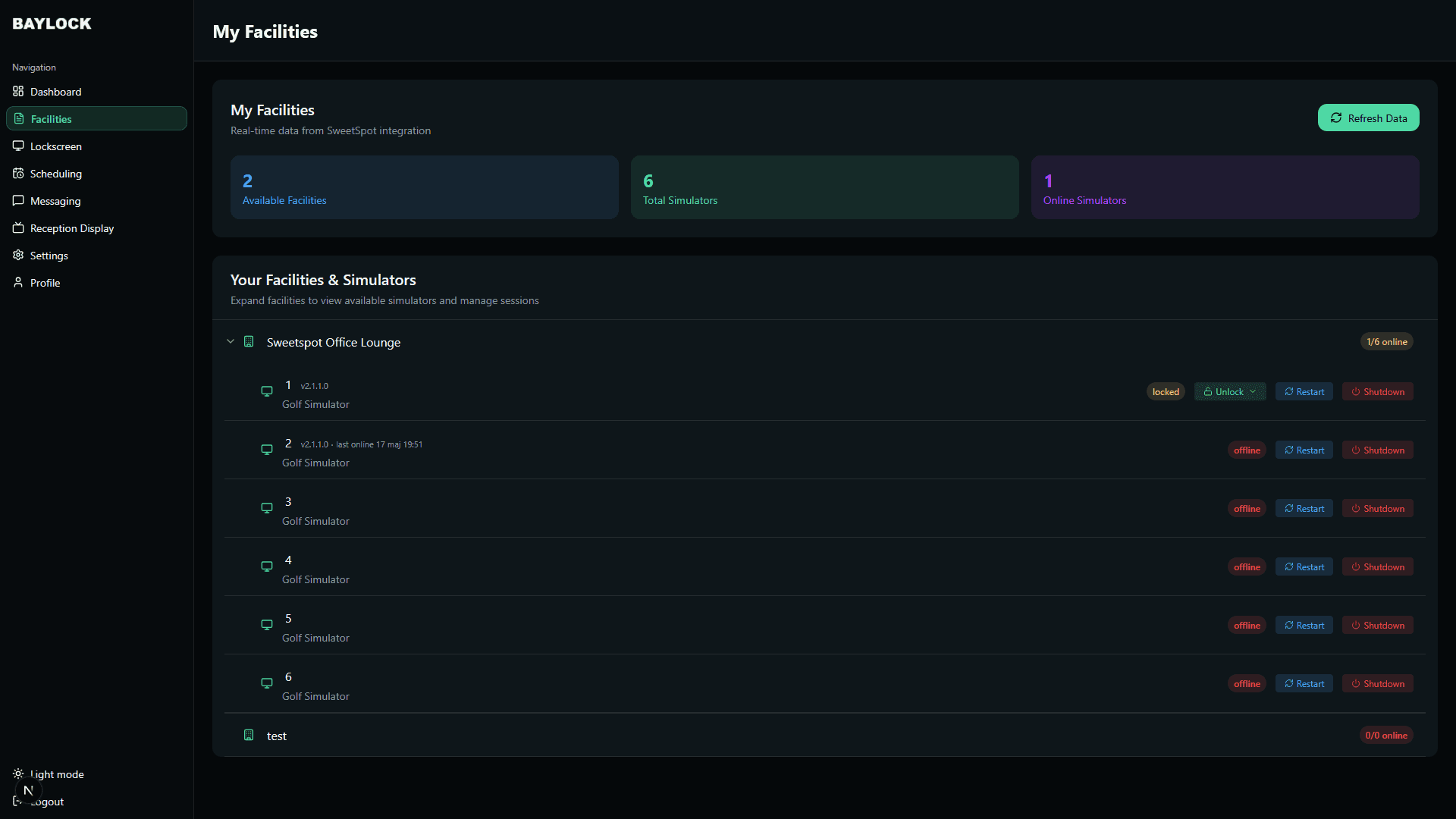 My Facilities page with an expanded facility showing simulators, their status and lock, restart and shutdown controls