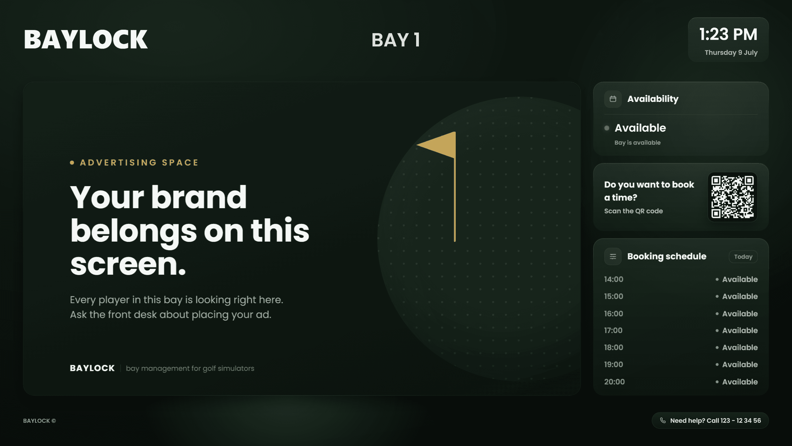 Baylock lockscreen as seen by a guest, showing branding, ads, booking schedule and a QR code