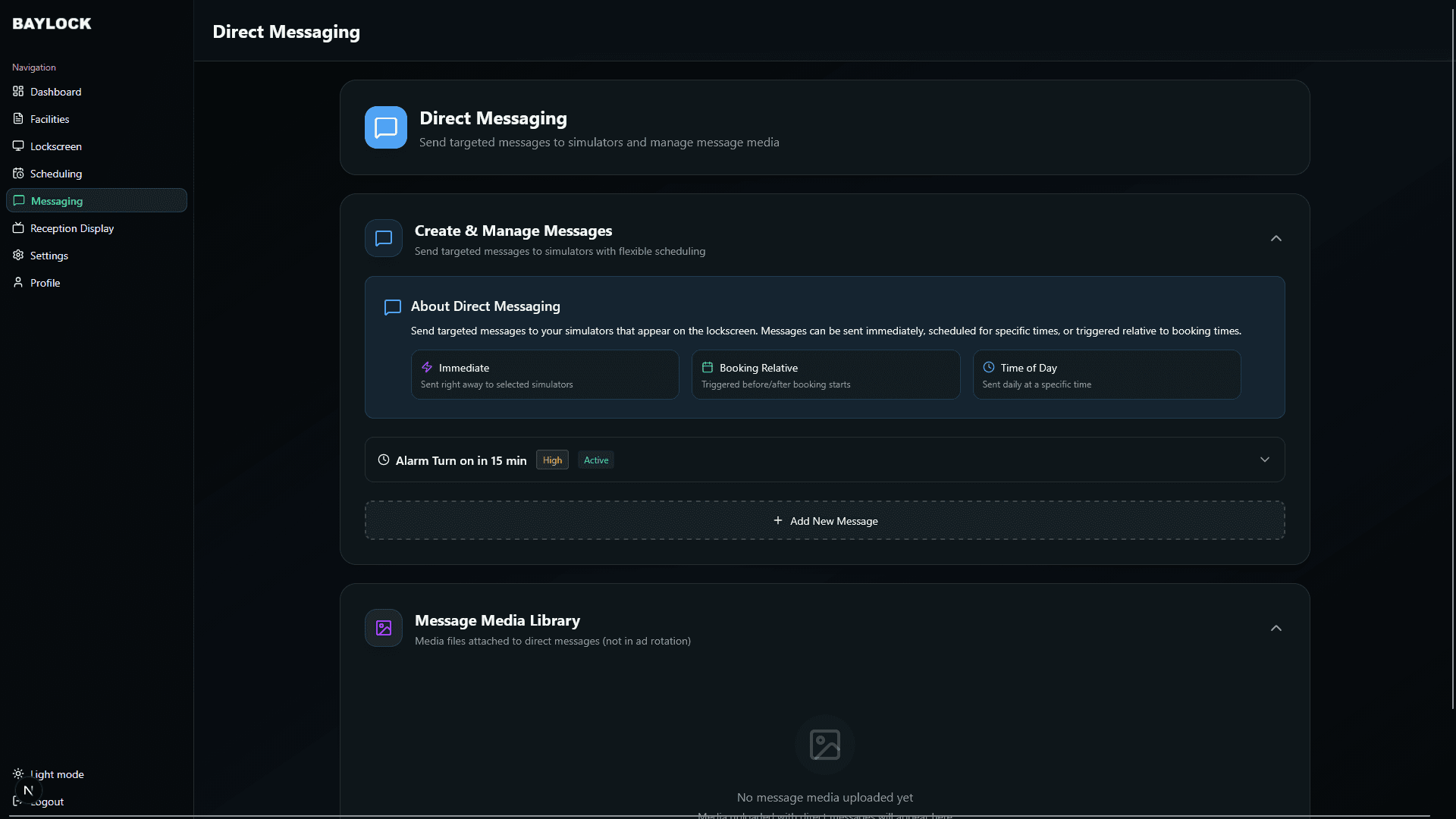 Direct messaging page showing the three trigger types, a configured message and the message media library