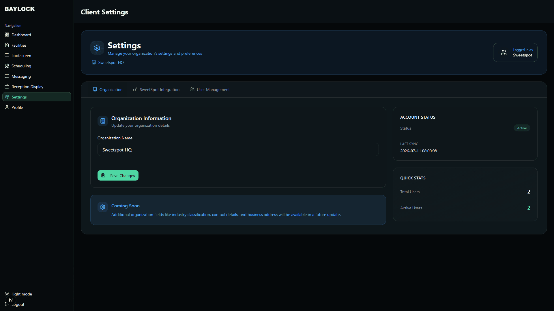 Client Settings page with Organization, SweetSpot Integration and User Management tabs, showing organization information and account status