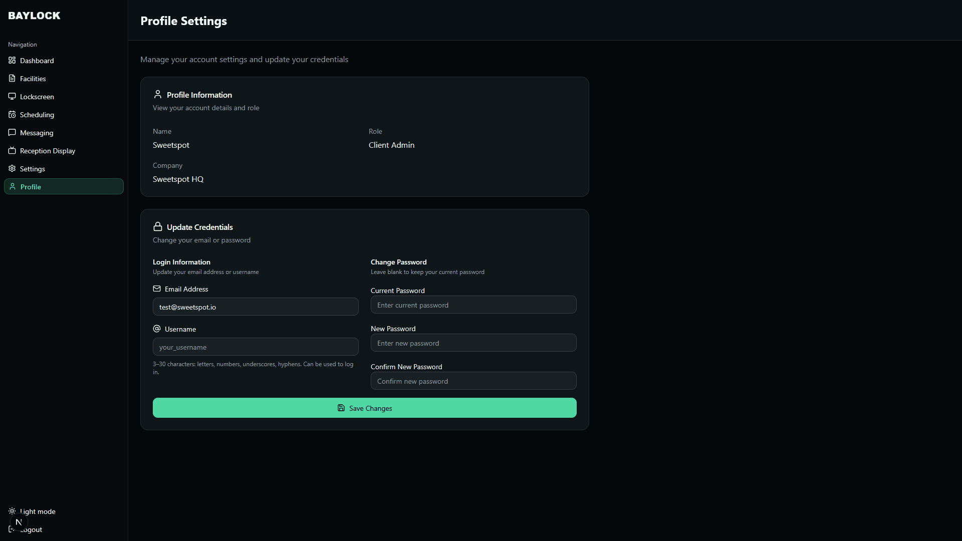Profile Settings page with profile information and forms for updating email, username and password