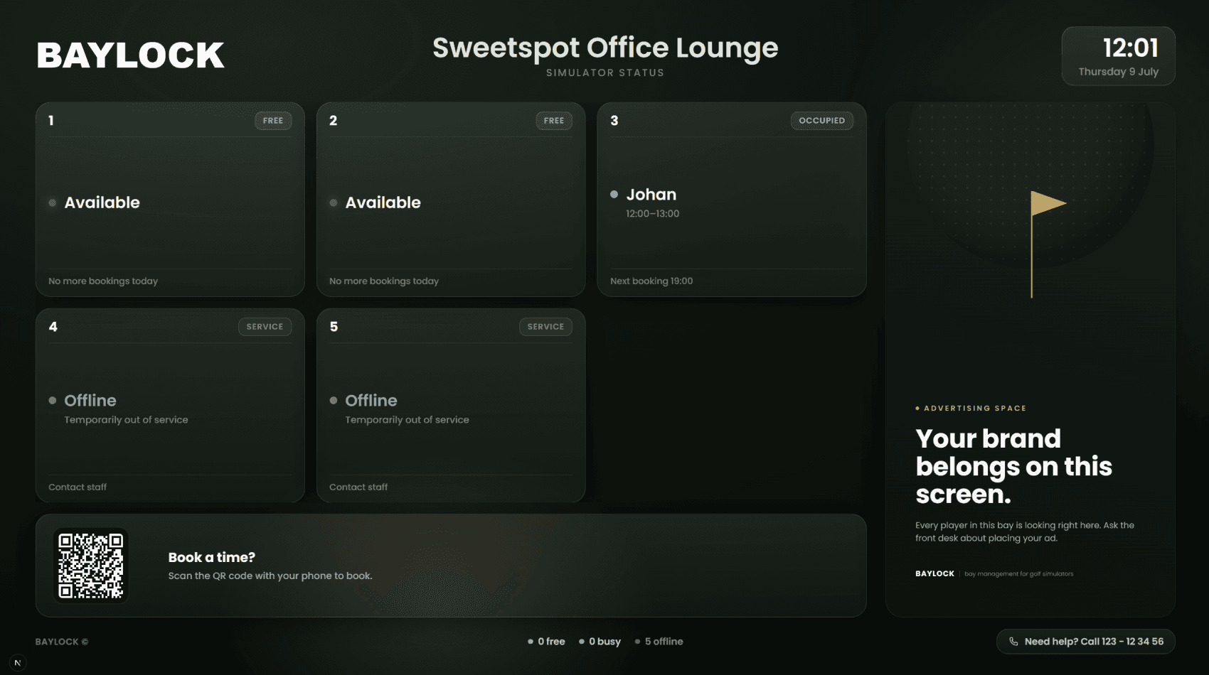 Reception Display showing live bay status and upcoming bookings on a fullscreen board