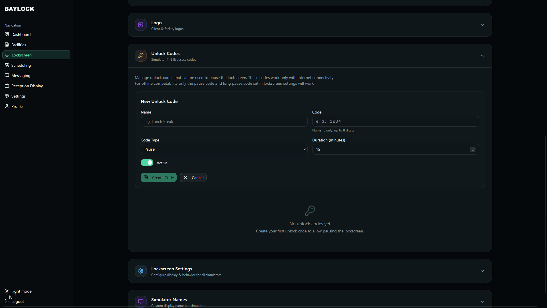 Unlock Codes section with the New Unlock Code form: name, numeric code, code type, duration and active toggle